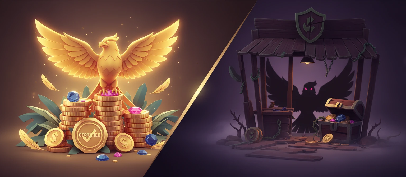 Conceptual illustration splitting a trustworthy game product from a risky operator