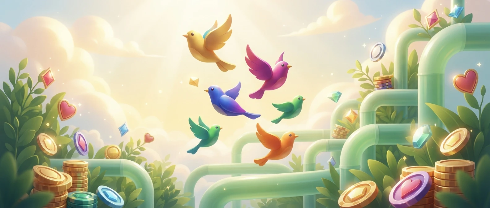 Three colorful birds rising through a sunny sky past green pipes