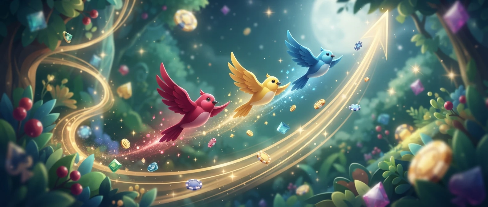 Three coloured birds rising along a climbing flight path