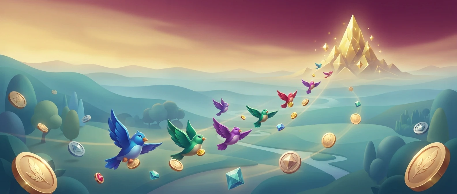 Conceptual visual of a rare distant peak representing the Lucky Birds 12,000x max win ceiling